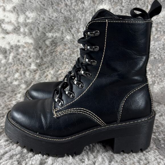 Madden Girl Size 7M Hawke Faux Leather Lace Up Combat Boots Black Block Walking - Picture 5 of 10